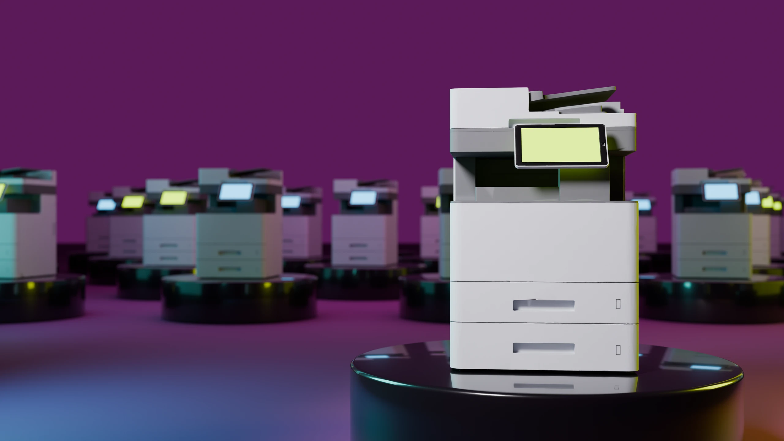 An office photocopier on a black plinth, its screen glowing lime, in a purple hall of identical copiers.